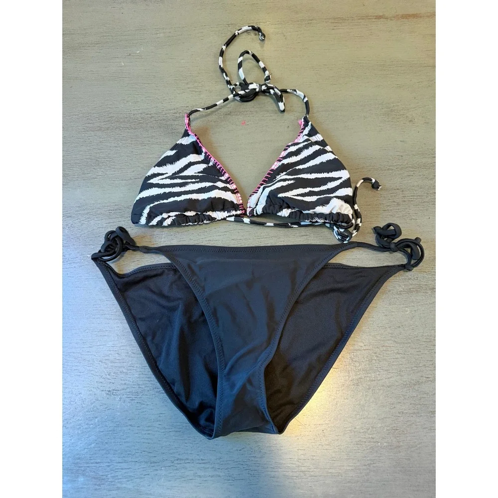 Old Navy Xhilaration Bikini Set Large Zebra Print Triangle Top Black Side Tie
